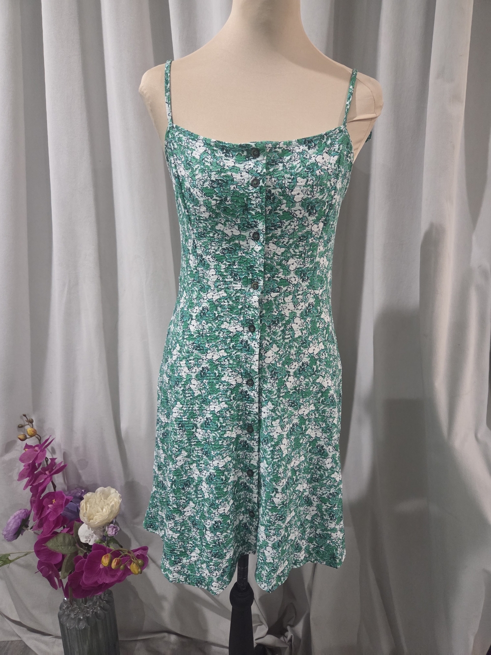Topshop Green and White Floral Button-Front Mini Dress